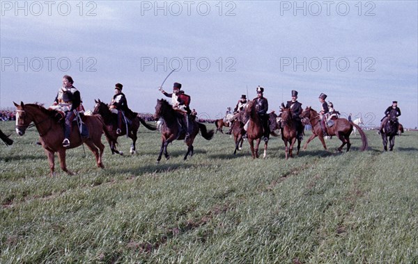 Actors in historical uniforms re-enact the battle in historical battle scenes on the 185th anniversary of the Battle of Leipzig in 1813, Leipzig, 17 October 1998