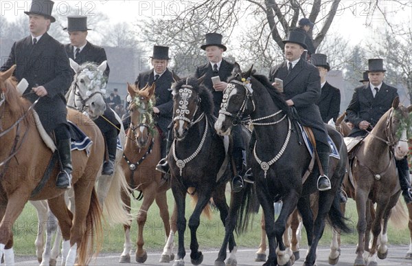 Sorbian Easter riders ride their horses on Easter Sunday in Wittichenau, 30 March 1997