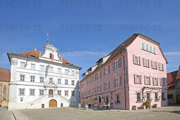 Baroque town hall and Goldene Krone inn, street pub, market square, Iphofen, Lower Franconia, Franconia, Bavaria, Germany, Europe