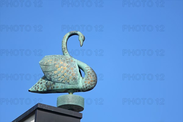 Mute swan sculpture on the roof of the Schwanberg monastery, Casteller Ring community, bronze, free-standing, verdigris, swan figure, Schwanberg, Steigerwald, Roedelsee, Iphofen, Lower Franconia, Franconia, Bavaria, Germany, Europe