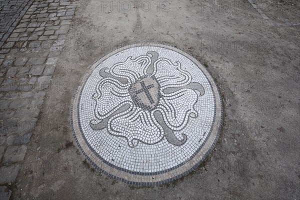 Luther rose as a floor mosaic as a symbol of the Evangelical Lutheran Church, round, monochrome, grey, Doktor-Martin-Luther-Platz, Bad Windsheim, Middle Franconia, Franconia, Bavaria, Germany, Europe