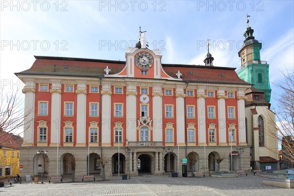 Baroque town hall built in 1717 Landmark and steeple of St Kilian's Church, market square, Bad Windsheim, Middle Franconia, Franconia, Bavaria, Germany, Europe