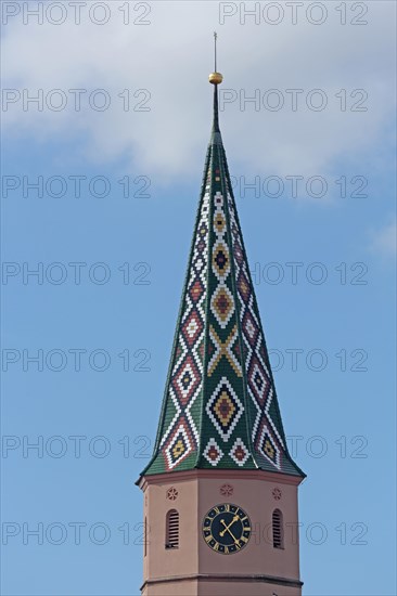 Spire with pattern of the late Gothic St. Maria am See church built in the 15th century, white, green, Bad Windsheim, Middle Franconia, Franconia, Bavaria, Germany, Europe