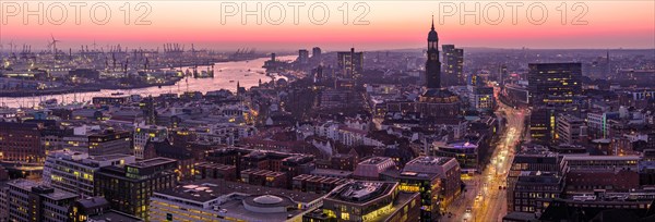 Panorama aerial view of St. Michael's Church (Michel) with harbour and Elbe at sunset, Hamburg, Germany, Europe