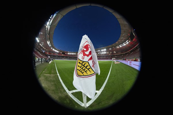 Corner flag, logo, VfB Stuttgart, Bundesliga, interior, floodlit match, blue hour, MHPArena, MHP Arena Stuttgart, Baden-Wuerttemberg, Germany, Europe