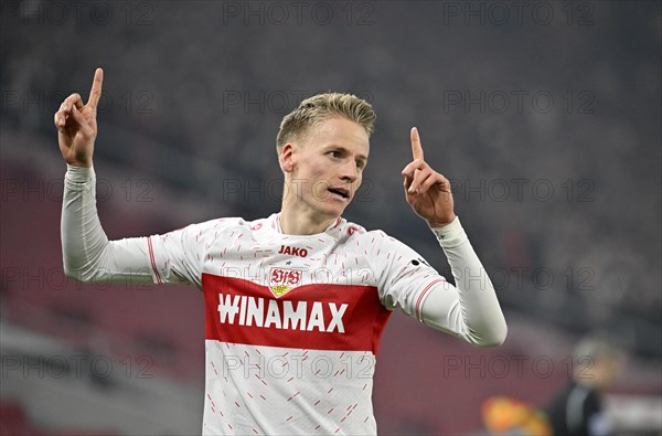 Goal celebration Chris Fuehrich VfB Stuttgart (27) Gesture Gesture MHPArena, MHP Arena Stuttgart, Baden-Wuerttemberg, Germany, Europe