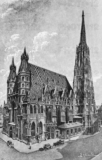 St Stephen's Cathedral in Vienna, roof with geometric pattern, square, carriages, Austria, historical illustration 1890, Europe