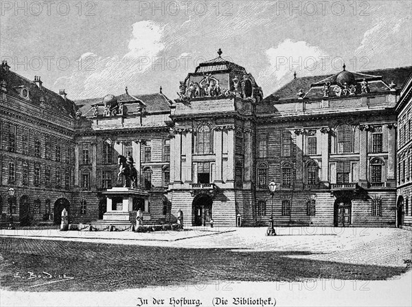 Vienna, library of the Hofburg Imperial Palace, exterior view, square, monument, facade, architecture, Austria, historical illustration 1890, Europe