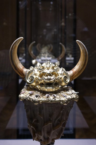 Rhinoceros horn lidded goblet with warthog tusks, Room XXV, Kunstkammer, Kunsthistorisches Museum Vienna (KHM), Laimgrube, Vienna, Austria, Europe