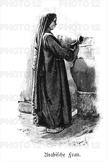Arab woman, Cairo, veiling, water jug, fountain, barefoot, Egypt, Africa, historical illustration 1890, Africa