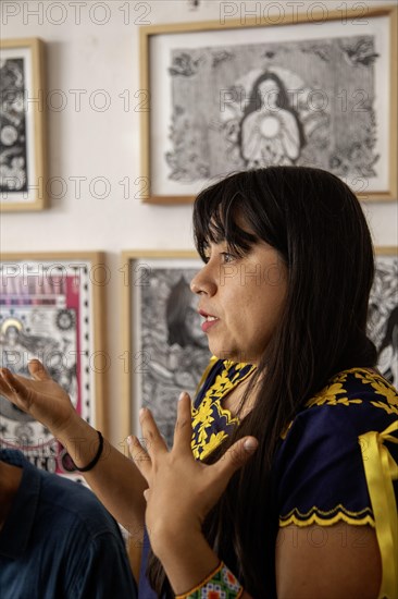 Oaxaca, Mexico, Alejandra Canseco Alhil discusses the 2006 protests in Oaxaca with foreign visitors. She was one of the leaders of the Popular Assembly of the Peoples of Oaxaca (APPO), which took control of the city for several months. She had to flee the city after the government regained control, but now operates an art studio there, Central America