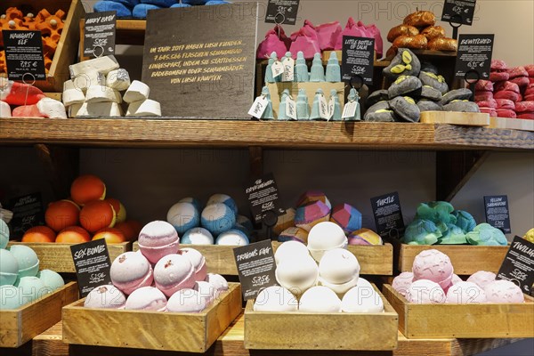 Unpackaged Lush cosmetic products.240 sustainable alternatives to packaged cosmetics are offered in the so-called Naked Shop, Berlin, 05.10.2018