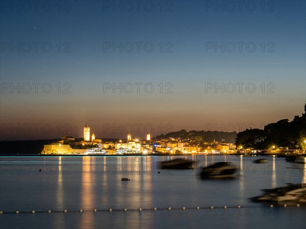 Night shot, illuminated church towers, old town centre of Rab, town of Rab, island of Rab, Kvarner Gulf Bay, Croatia, Europe