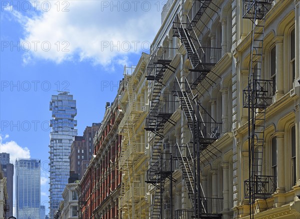 Block development with external emergency staircases, in the background residential tower block 53 Leonard St Condo, SoHo neighbourhood, Manhattan, New York City, New York, USA, North America