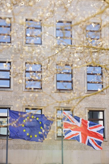 The flags of Great Britain and the European Union wave in the wind. Berlin, 07.03.2024. Photographed on behalf of the Federal Foreign Office
