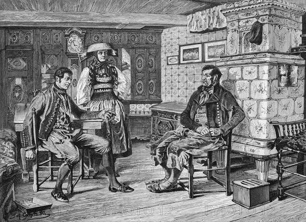 Vierlaender Bauern in der Prunkstuv, agricultural Vierlande, parlour, wealth, farmers, traditional traditional costume, tiled stove, chest, conversation, woman, two men, ornamentation, wooden floorboards, chairs, grandfather clock, Hamburg, Germany, historical illustration 1880, Europe