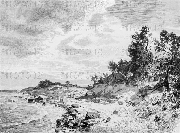 Island Alsen or Als, Baltic Sea, shore, beach, rocks, embankment, loneliness, landscape, trees, nature, Denmark, historical illustration 1880, Europe
