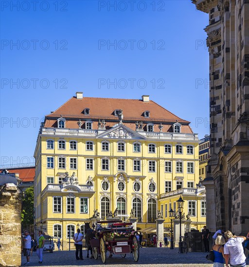 Tourist situation next to the Church of Our Lady in front of the rebuilt Coselpalais on the Neumarkt in the Inner Old Town of Dresden, Saxony, Germany, for editorial use only, Europe