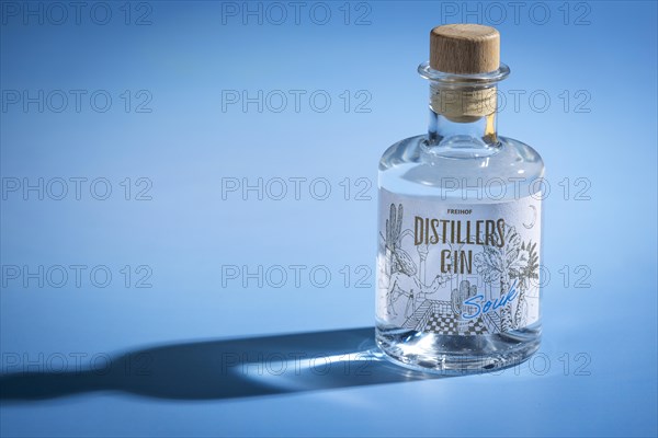 Bottle of gin on a blue background with interesting shadows