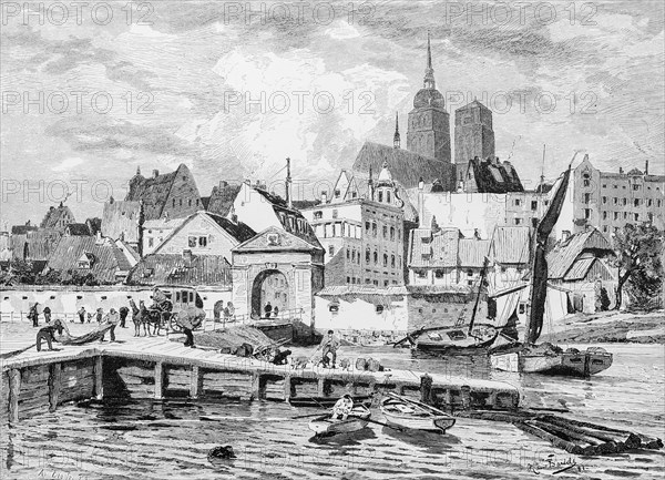 Cityscape of Stralsund, city gate, city wall, Baltic Sea, sailing ship, people, harbour, jetty, church, Mecklenburg-Western Pomerania, Germany, historical illustration 1880, Europe
