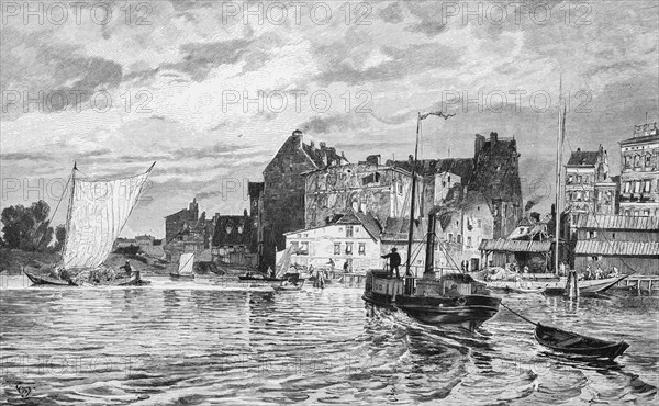 Arrival in the harbour of Szczecin, Baltic Sea, city, steamship, sailing ship, building, Poland, historical illustration 1880, Europe