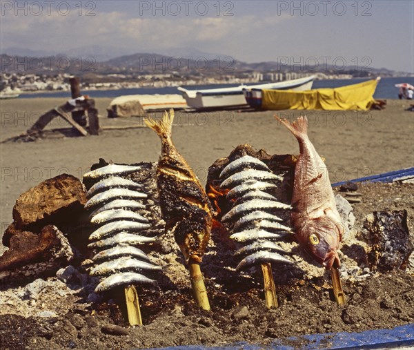 Smoked fish on the beach in Torre del Mar, Costa del Sol, Malaga province, Andalusia, Spain, Southern Europe. Scanned 6x6 slide, Europe