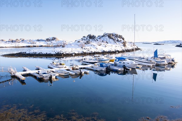 Lofoten, Norway. Solvaer, Nordland province. Pleasure craft in a side bay, Svolvaer, Nordland, Lofotoen, Norway, Europe