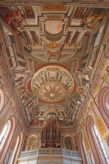 Organ and ceiling fresco by Giovanni Francesco Marchini 1729, baroque, interior view, mock architecture, mock painting, ceiling painting, arts and crafts, painting, view from below, Mauritiuskirche, Wiesentheid, Lower Franconia, Franconia, Bavaria, Germany, Europe