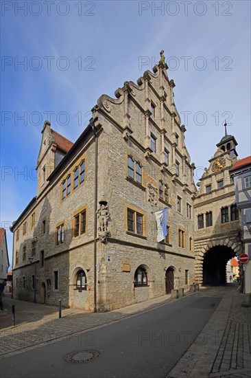 Renaissance town hall built in 1580 and historic Main Gate, town gate, gate tower, Marktbreit, Lower Franconia, Franconia, Bavaria, Germany, Europe