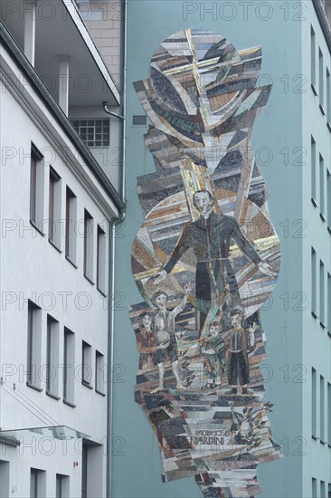 Monument and wall mosaic with priest Paul Josef Nardini, children, figures, tiles, arts and crafts, Pfalzklinikum, Pirmasens, Palatinate Forest, Rhineland-Palatinate, Germany, Europe