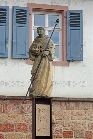 Sculpture and monument to the monk Sanctus Bernardus, Bernhard von Clairvaux, with crosier, saint, saint, inscription, chapter house, Otterberg, Palatinate Forest, Rhineland-Palatinate, Germany, Europe