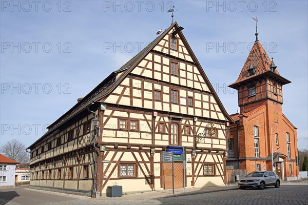 Historic Ochsenhof former barn and current museum and municipal gymnasium, red brick building, half-timbered house, Bad Windsheim, Middle Franconia, Franconia, Bavaria, Germany, Europe