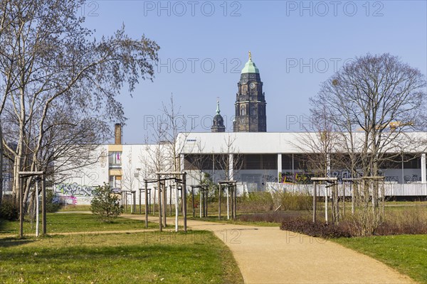 Blueher Park with Robotron canteen, town hall and Kreuzkirche church, Dresden, Saxony, Germany, Europe