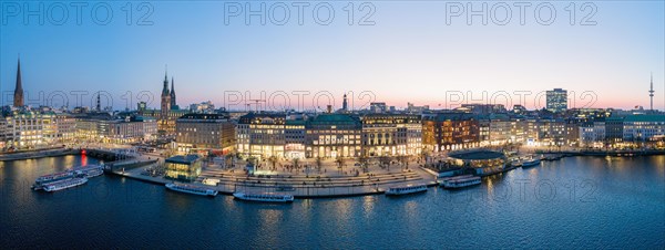 Aerial view as a panorama of the Jungfernstieg with Inner Alster Lake at blue hour, Hamburg, Germany, Europe