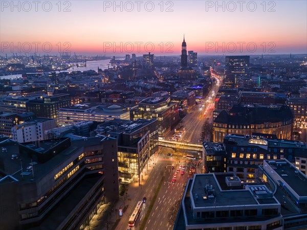 Aerial view of St. Michael's Church (Michel) with harbour and Elbe at sunset, Hamburg, Germany, Europe