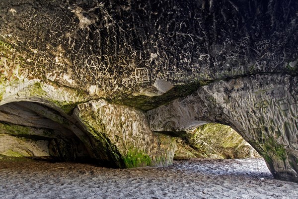 Engravings in the Sandhoehlen, sandstone caves in forest called Im Heers below the crags of Regenstein near Blankenburg, Harz, Saxony-Anhalt, Germany, Europe