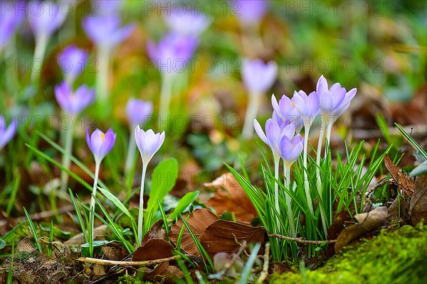 Purple crocuses (Crocus) in bloom in a park in Bavaria, Germany, Europe