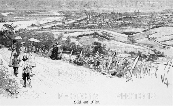 View of Vienna, hilly landscape with cityscape, walkers, summer idyll, Austria, historical illustration 1890, Europe