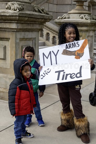 Lansing, Michigan USA, 2 March 2024, The Poor Peoples Campaign organized a march and rally at the Michigan State Capitol, part of a coordinated day of action in 32 states. Among the group's demands were a living wage, affordable healthcare, fully-funded public education, and clean air and water