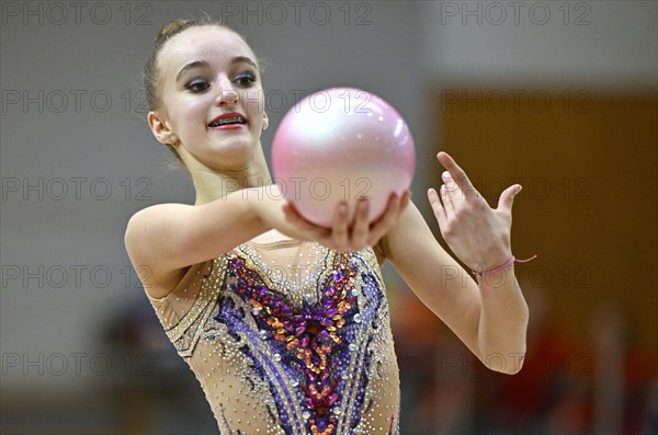 Victoria Magel (GER), action, ball, rhythmic gymnastics, RSG, Schmiden International 2024, Fellbach, Baden-Wuerttemberg, Germany, Europe