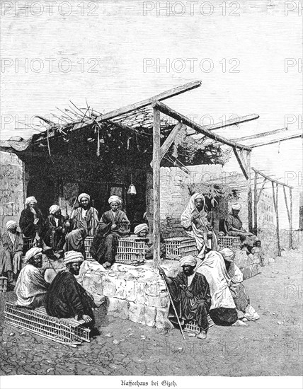 Coffee house in Giza, Cairo, Egypt, Orient, men, Arabs, turban, sitting, drinking coffee, outdoors, Africa, historical illustration 1890, Africa