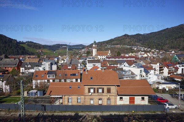 Waldkirch Kollnau railway station and view of Waldkirch, Emmendingen district, Baden-Wuerttemberg, Germany, Europe