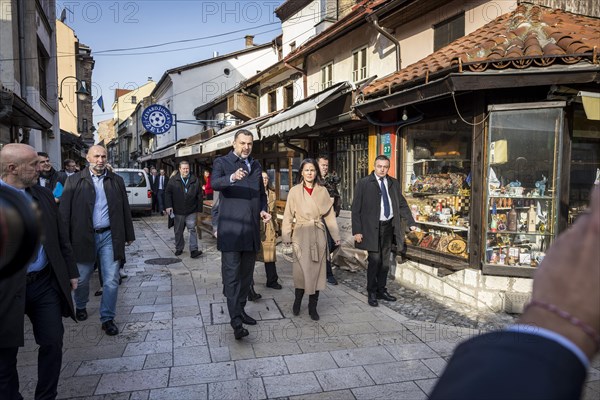 Annalena Baerbock (Alliance 90/The Greens), Federal Foreign Minister, photographed during her visit to Bosnia and Herzegovina. Here walking through the historic city centre with Foreign Minister Elmedin Konakovic. 'Photographed on behalf of the Federal Foreign Office'