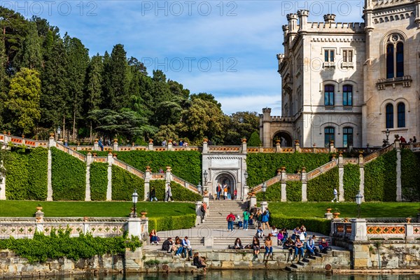 Miramare Castle in white limestone with a marvellous view of the Gulf of Trieste, 1870, residence of Maximilian of Habsburg-Lorraine and Austria, princely living culture in the second half of the 19th century, Friuli, Italy, Trieste, Friuli, Italy, Europe