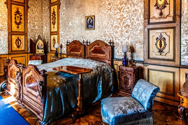 Charlotte's bedroom, interior in neo-renaissance, neo-baroque style, Miramare Castle with marvellous view of the Gulf of Trieste, 1870, residence of Maximilian of Austria, princely living culture in the second half of the 19th century, Friuli, Italy, Trieste, Friuli, Italy, Europe