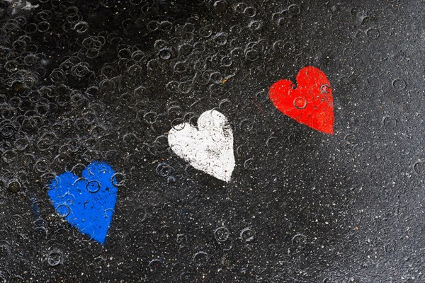 Hearts on pavement in the French national colours, Paris, Ile de France, France, Europe