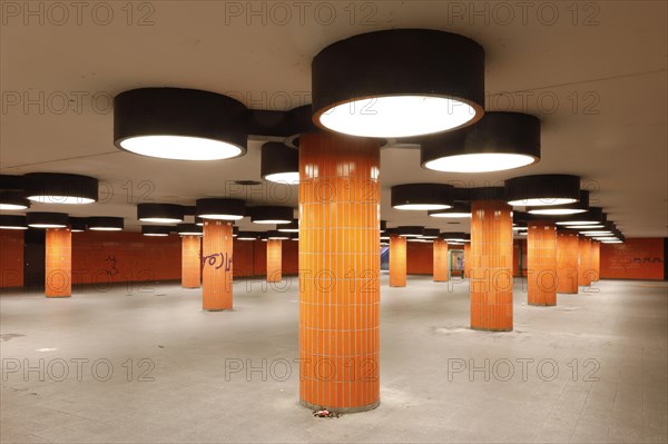 Subway of the Messedamm at the ICC in Berlin. The pedestrian tunnel between the International Congress Centre, ICC and bus station was designed by architect Rainer Gerhard Ruemmler. With its 70s design in bright orange, the tunnel has already been used as a backdrop for many Hollywood films, 07.8.2018