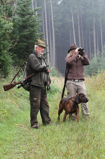 Huntsman and huntress, accompanied by hunting dog Bavarian Mountain Hound, Allgaeu, Bavaria, Germany, Europe