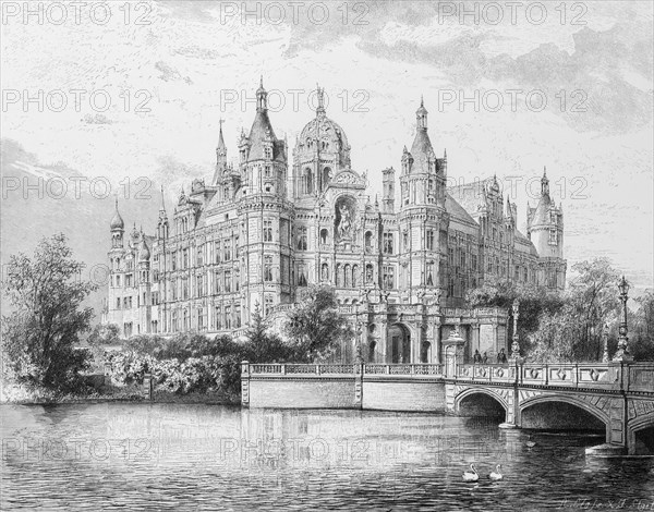 Schwerin Castle, neo-renaissance, residence, landmark, island location, bridge, Mecklenburg-Western Pomerania, Germany, historical illustration 1880, Europe