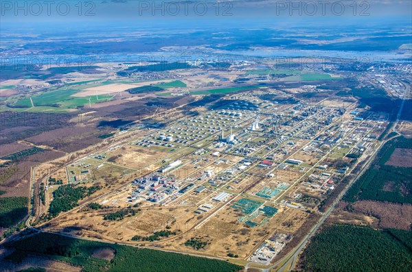 PCK Raffinerie Schwedt, aerial view, refinery, oil refining, Brandenburg, Uckermark, Oder, Schwedt, Germany, Europe